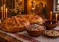 Два обредни хляба, варено жито, боб и червено вино на трапеза за Архангелов ден