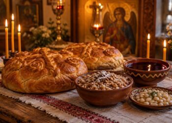 Два обредни хляба, варено жито, боб и червено вино на трапеза за Архангелов ден