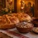 Два обредни хляба, варено жито, боб и червено вино на трапеза за Архангелов ден