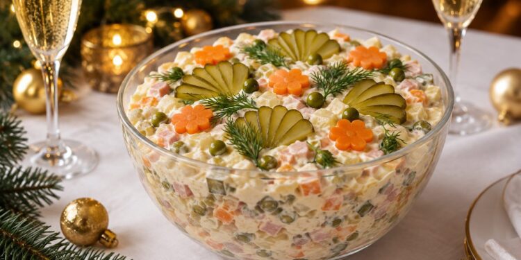 Руска салата в стъклена купа, украсена с моркови, краставички и копър, на празнична новогодишна маса