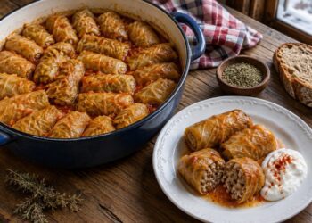 Сарми с кисело зеле и кайма в тенджера и чиния със сарми и кисело мляко