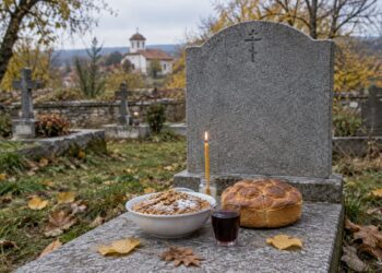 Варено жито, хляб, чаша червено вино и запалена свещ на гроб в селски гробищен парк през есента