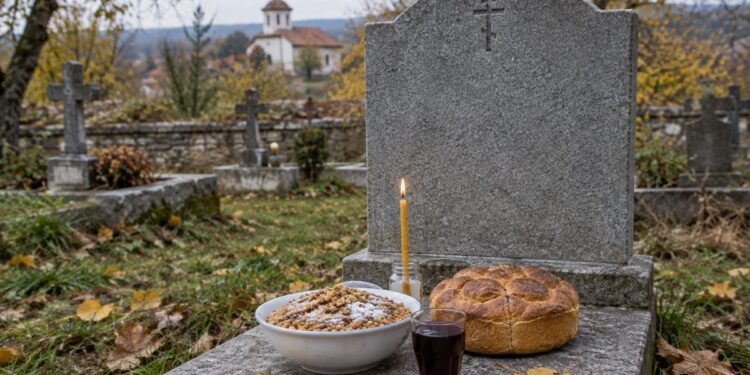 Варено жито, хляб, чаша червено вино и запалена свещ на гроб в селски гробищен парк през есента
